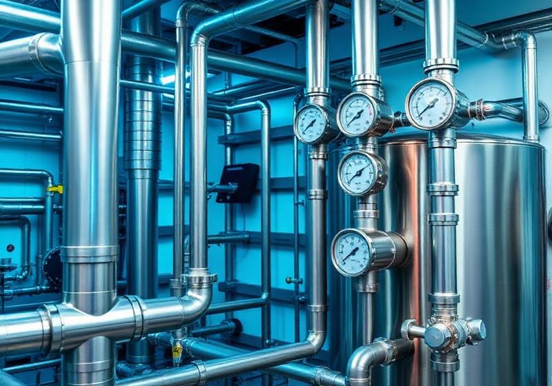 Industrial gas boiler pipework in a commercial plant room