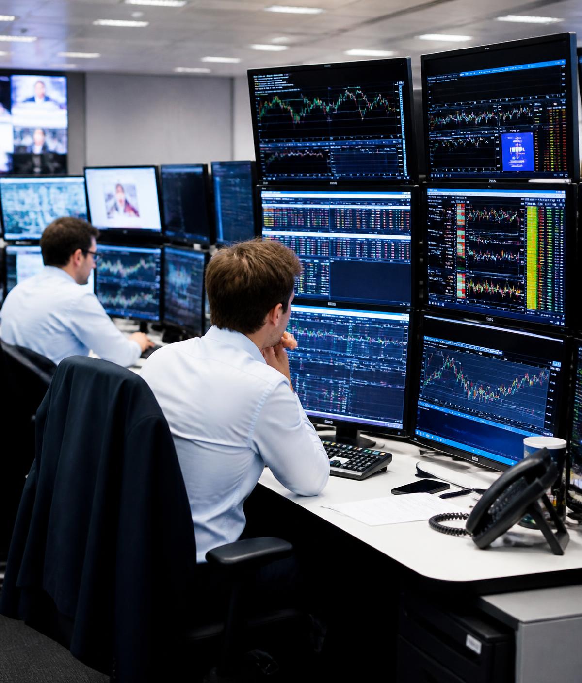 Energy market analysts monitoring live electricity price data on trading screens